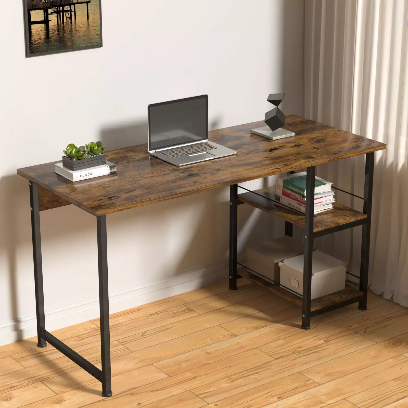 TY Arts & Culture 55.2 Inch Large Office Computer Desk Book Shelf Brown Metal Frame PC Table