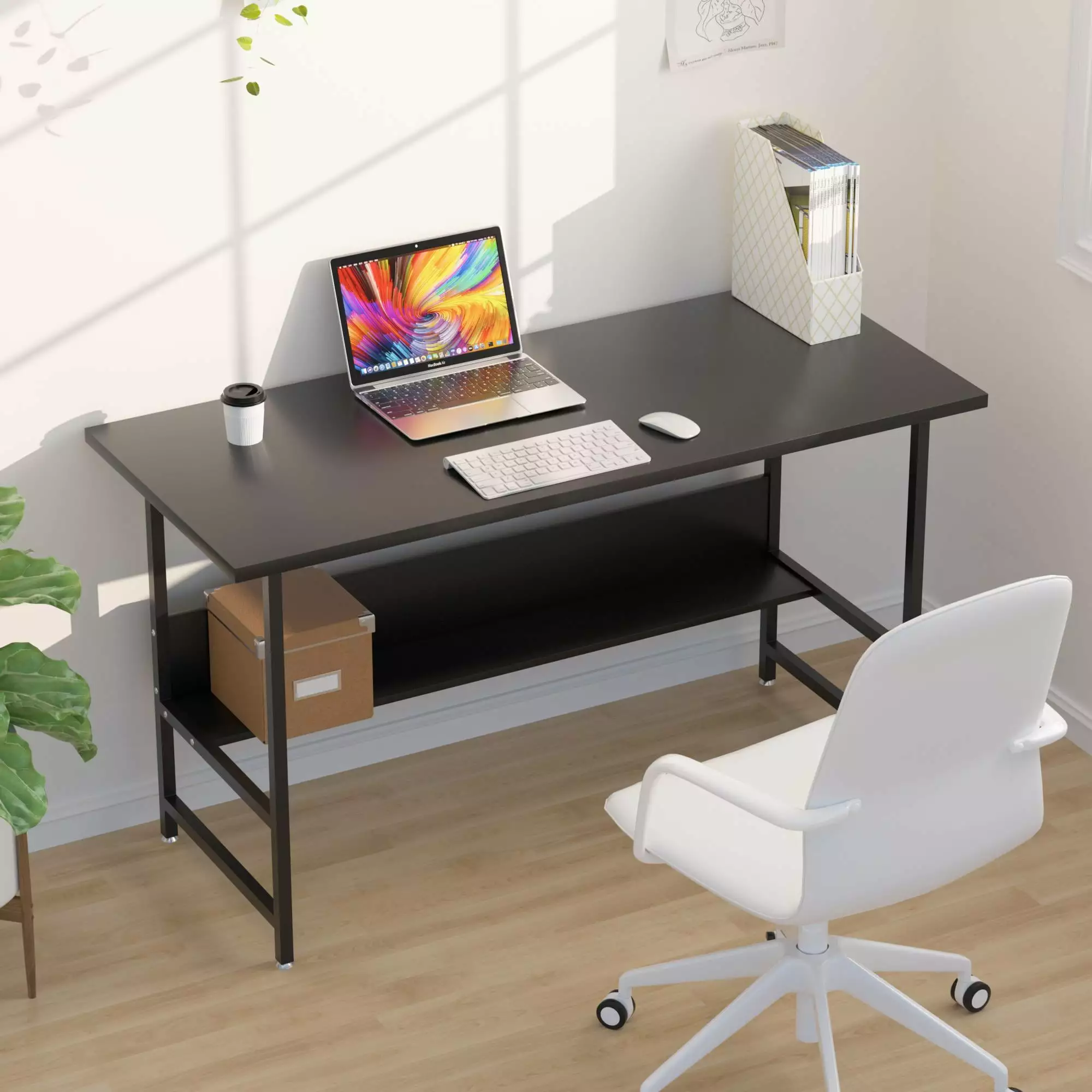 TY Arts & Culture Modern 47 Wood Tone Computer Desk U Shaped Steel Legs Lap Desk Bookshelf Black