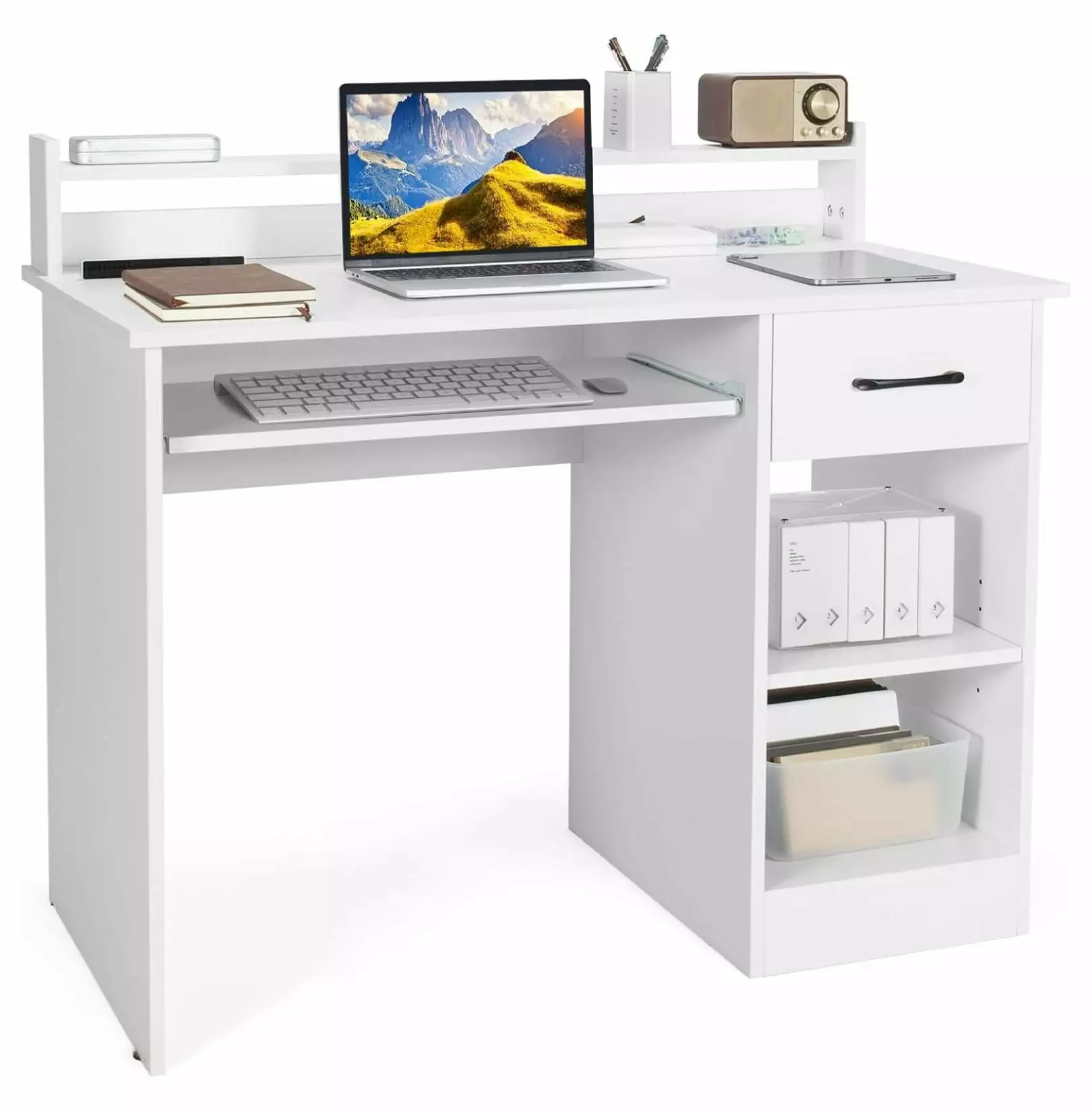 Tyslan White Computer Desk Large Drawers Hutch and Keyboard Tray Adjustable Shelves