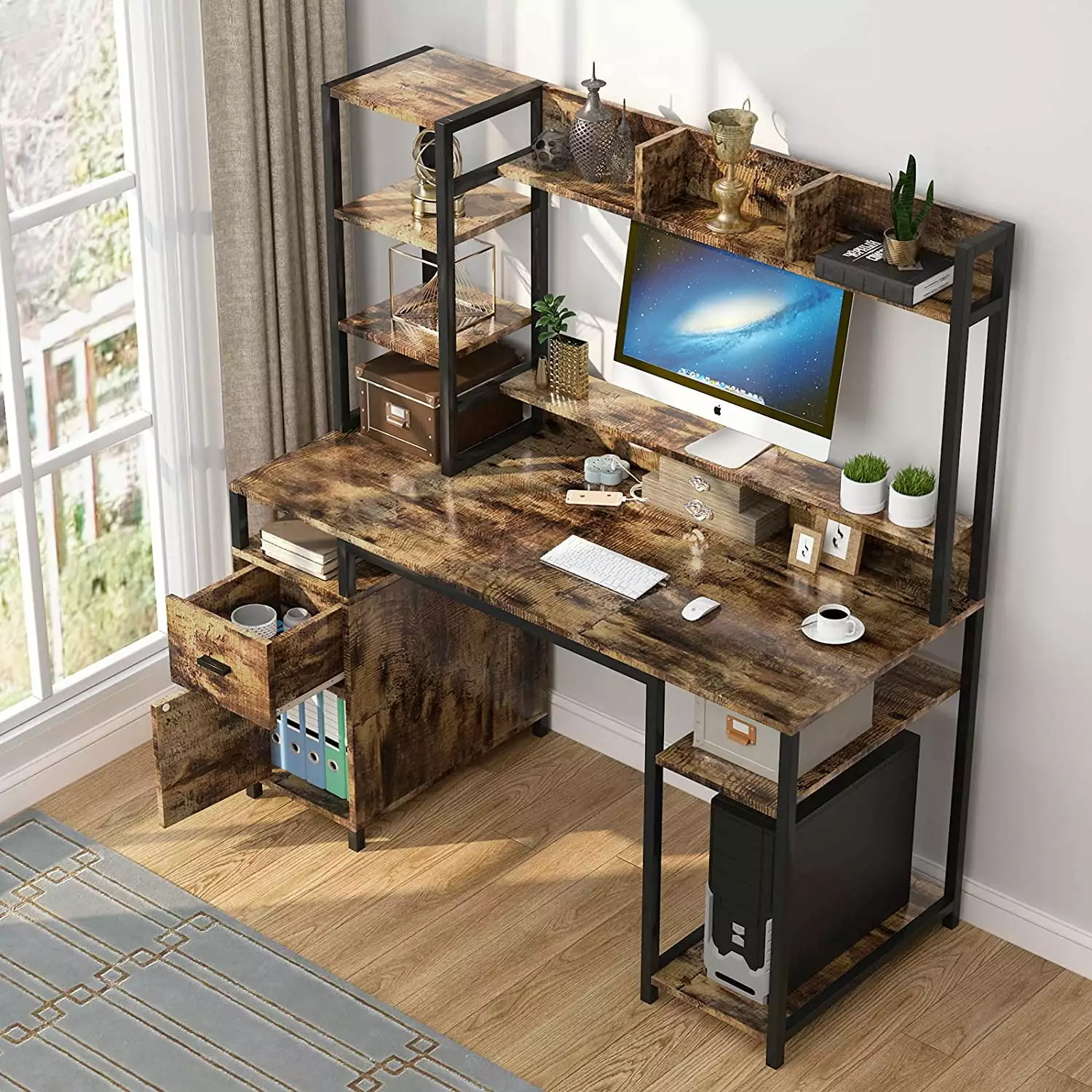 Computer Desk Hutch and Storage Shelf 65 Home Office Desk Draw and Monitor Stand Riser Drawer Industrial Study Writing Tab...