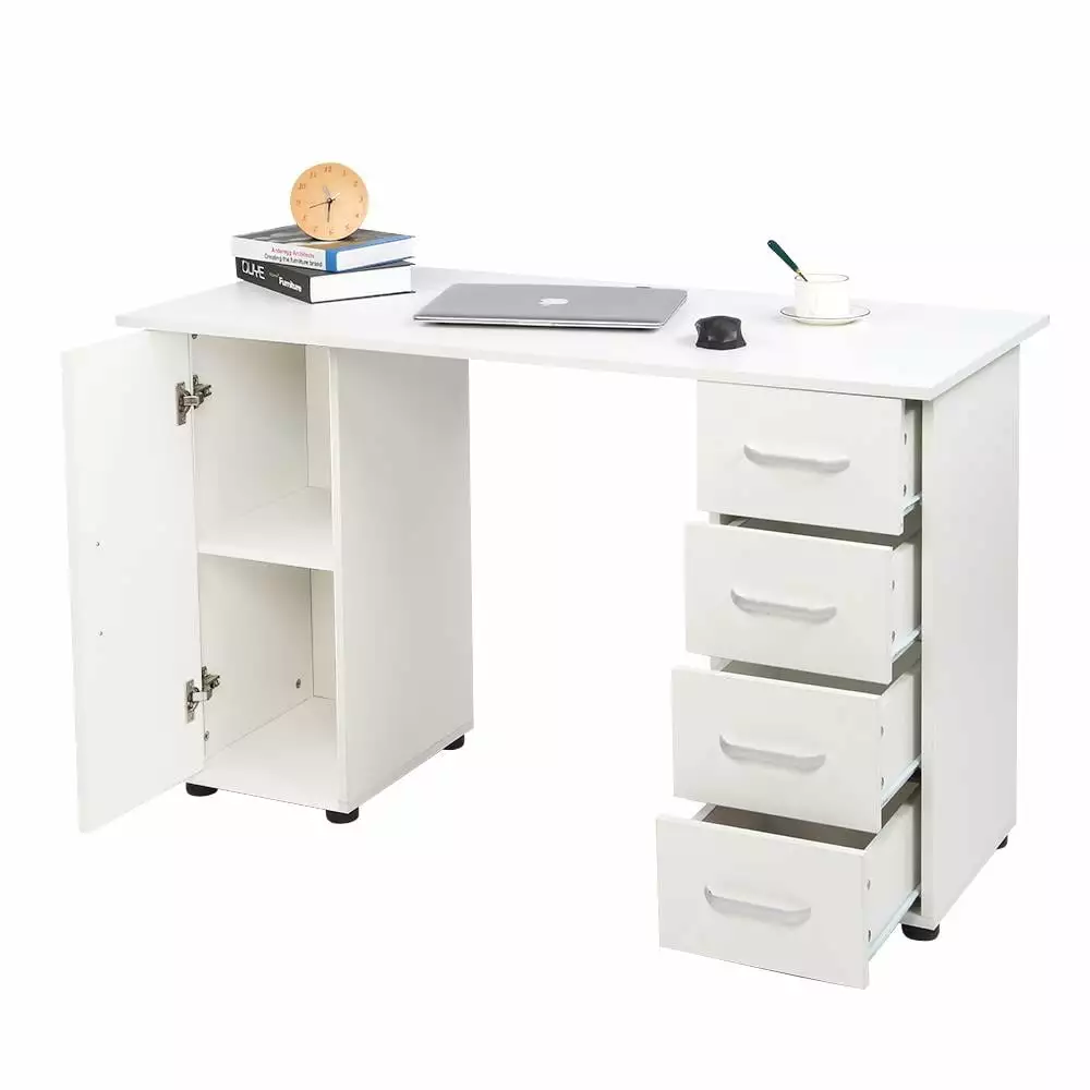 UBesGoo Computer Desk 4 Drawers Cabinet Study Writing Table White