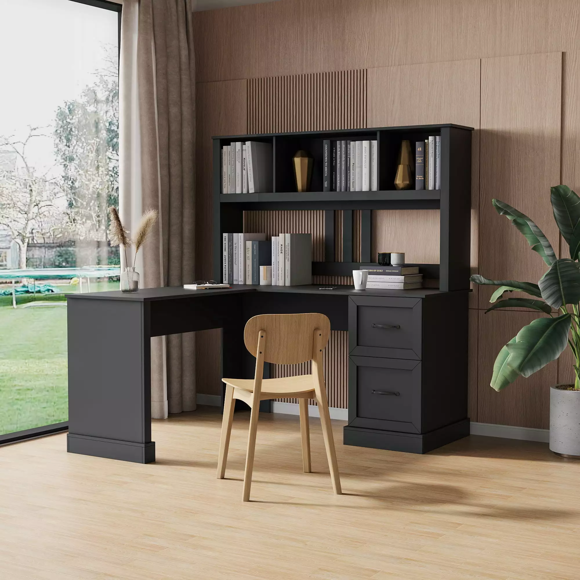 Ufurpie Home Office Wood Study Table Bookshelf Antiqued Black Finish - Computer Desk