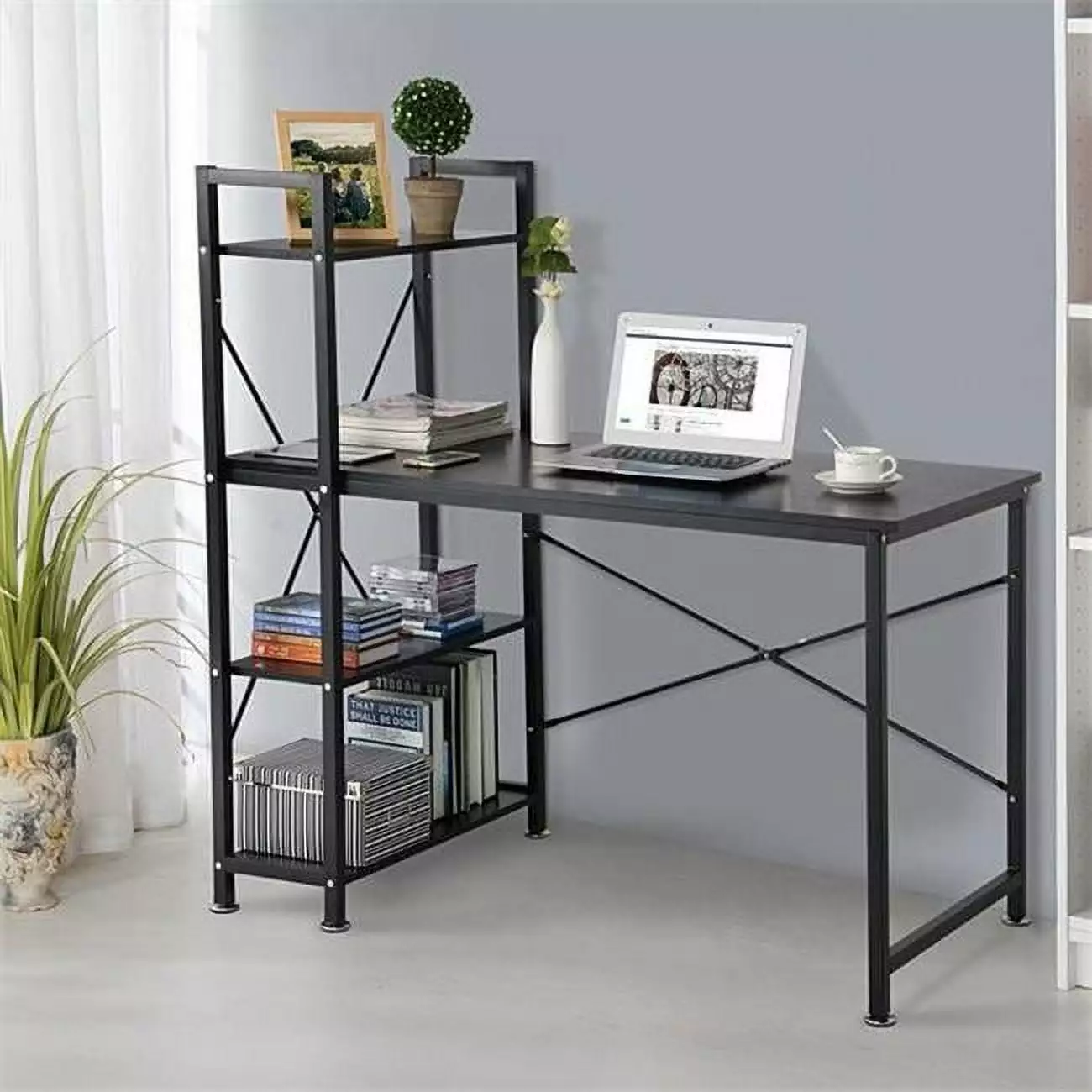 Utopia Alley 47-inch Black Metal Computer Desk 4-Tier Storage Bookshelves Study Table Desk