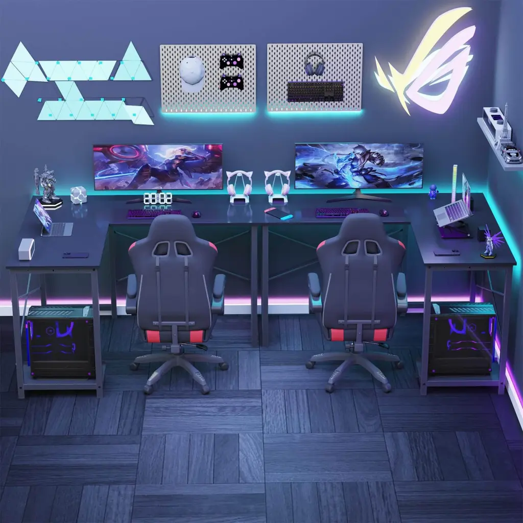 L Shaped Gaming Desk Black Iron PC and Console Gamers w2201