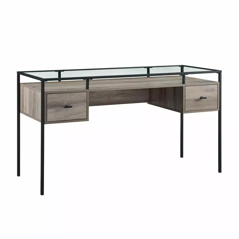 Fulton 56-inch 2-Drawer Lifted Tempered Glass Top Desk Gray Wash Modern Office Walker Edison