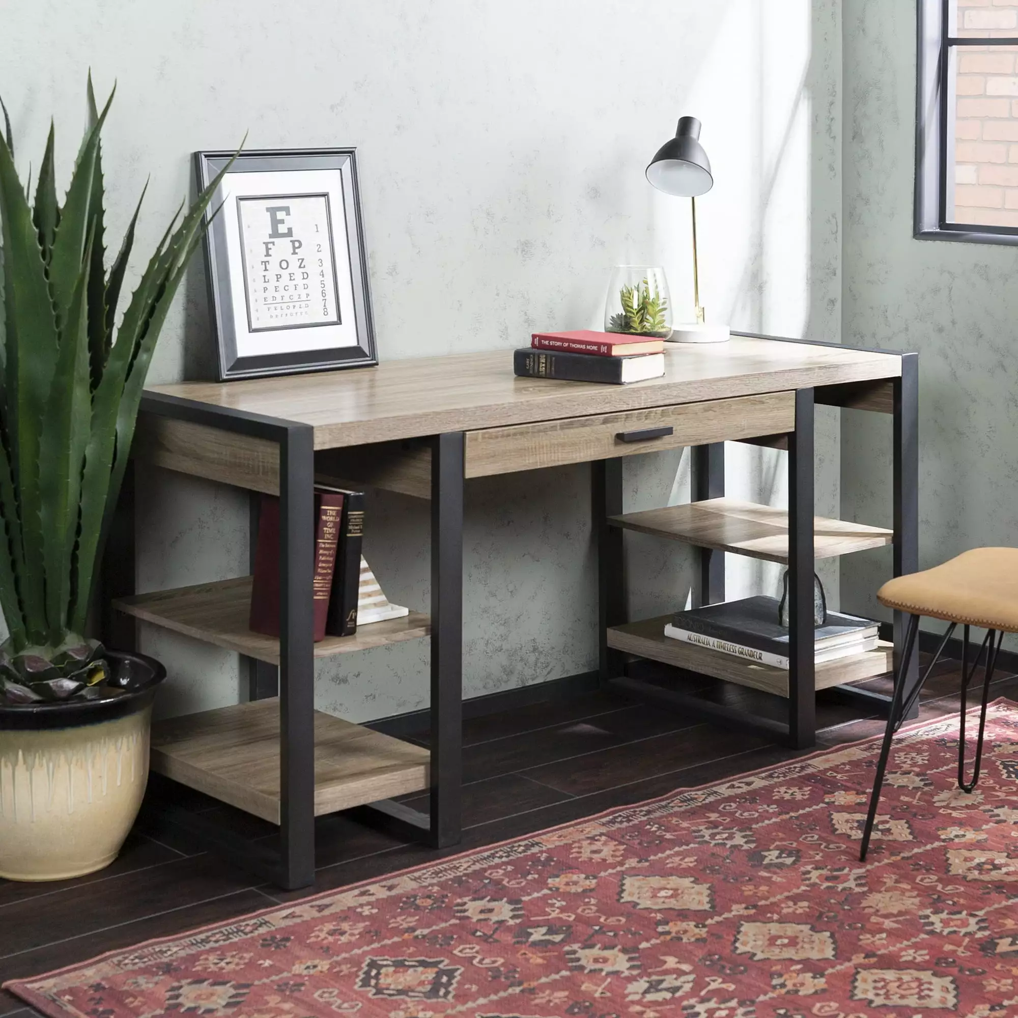 Walker Edison Industrial 4-Shelf Computer Desk USB Port Driftwood Finish