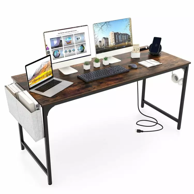 Yardi Yard 60 Inch Computer Desk Charging Station and Storage Bag - Rustic Brown - Gaming Study Writing Desk