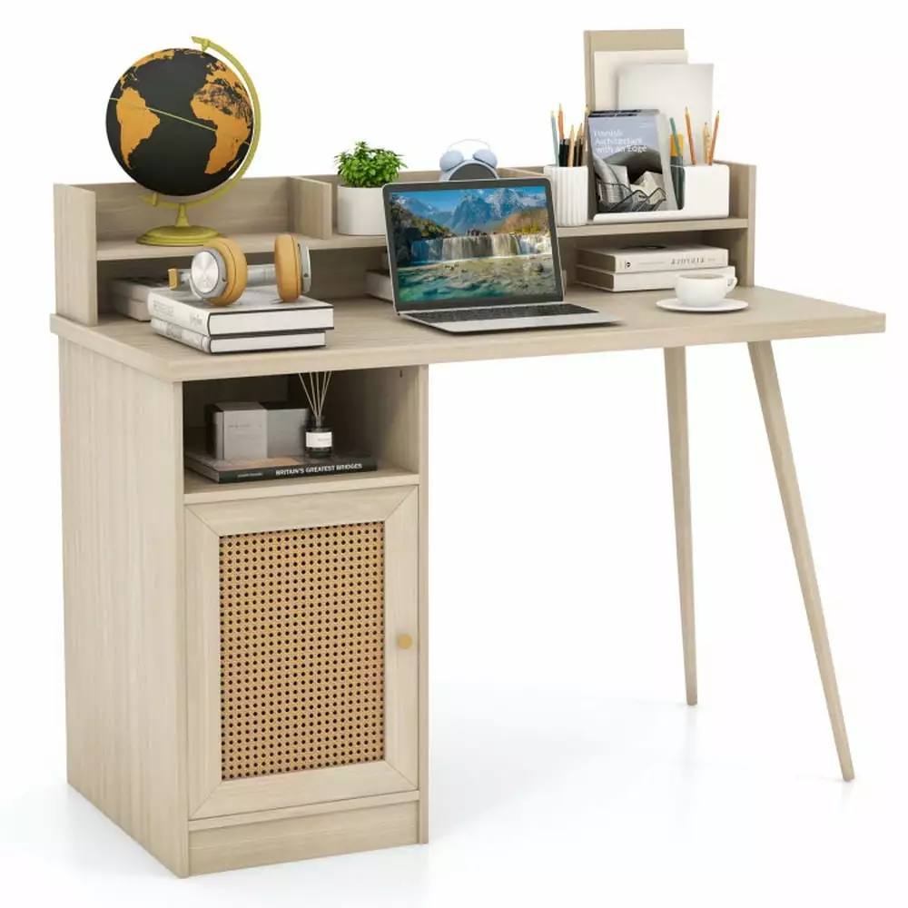 Yardi Yard 48 Inch Computer Desk Hutch and PE Rattan Cabinet Shelves - Oak Gaming Computer Desk Study Working Writing