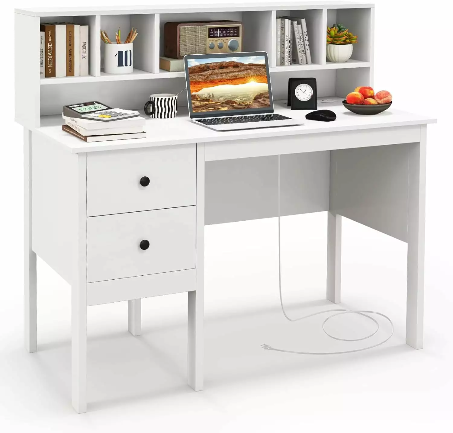 White 48 Inch Home Office Computer Desk Drawers, Power Outlet, and 5-Cubby Hutch YTGFREW