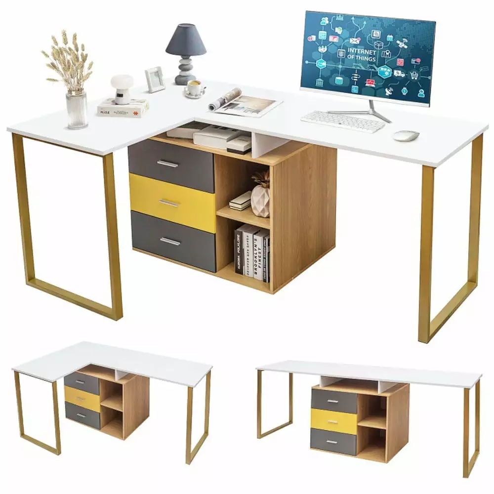 YYAo Sturdy Computer Workstation L Shaped Corner Computer Desk Writing Table 87 Inch 2 Person Adjustable