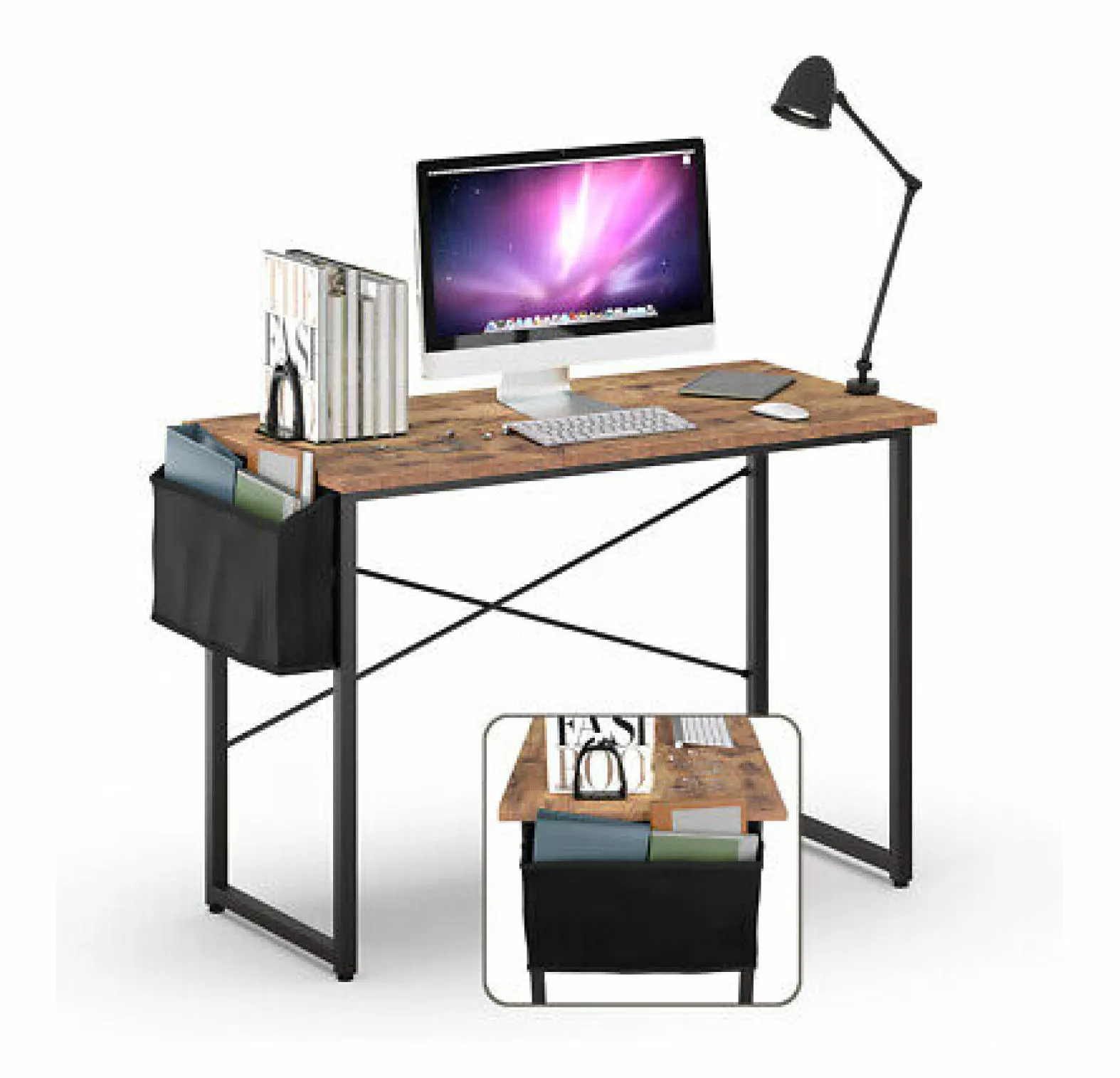 ZHANGHU Modern Computer Desk 40 Inch Study Writing Table Storage Bag Rustic