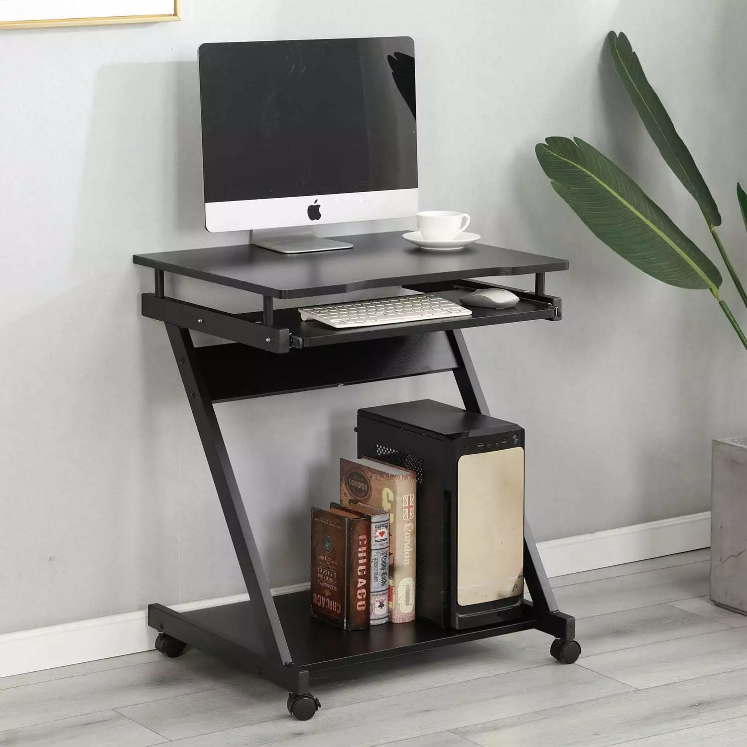HElectQRIN Mobile Computer Desk Work Workstation Printer Shelf and Keyboard Space Black
