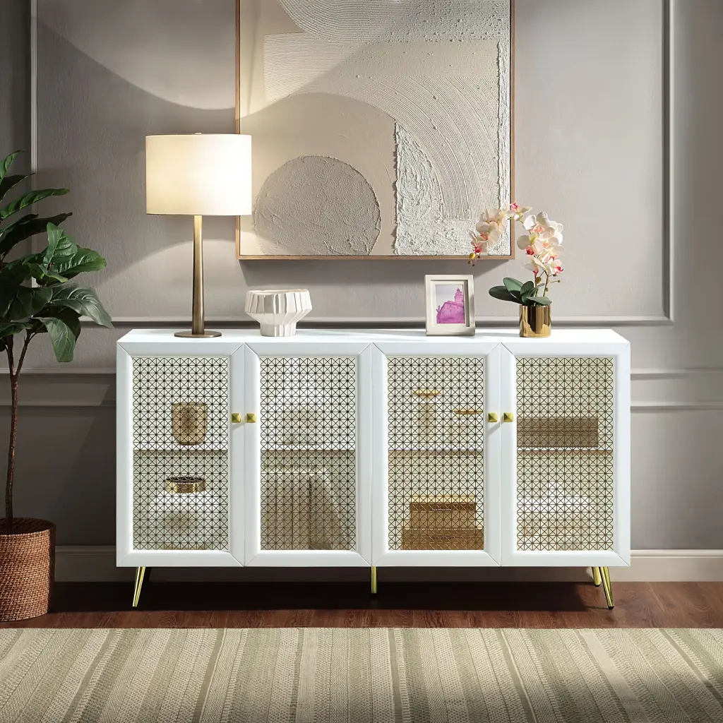 White High Gloss 4 Door Console Cabinet LED Light Freestanding Modern Entryway Storage furniture max