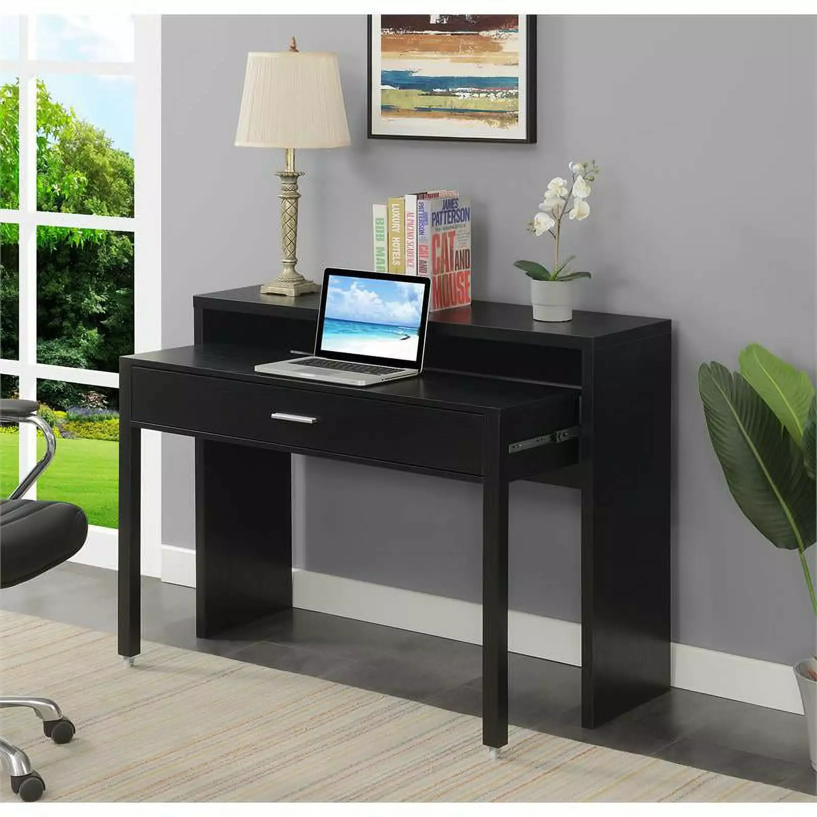 UrbanPro Modern Console Sliding Desk Drawer and Riser Black Wood Finish