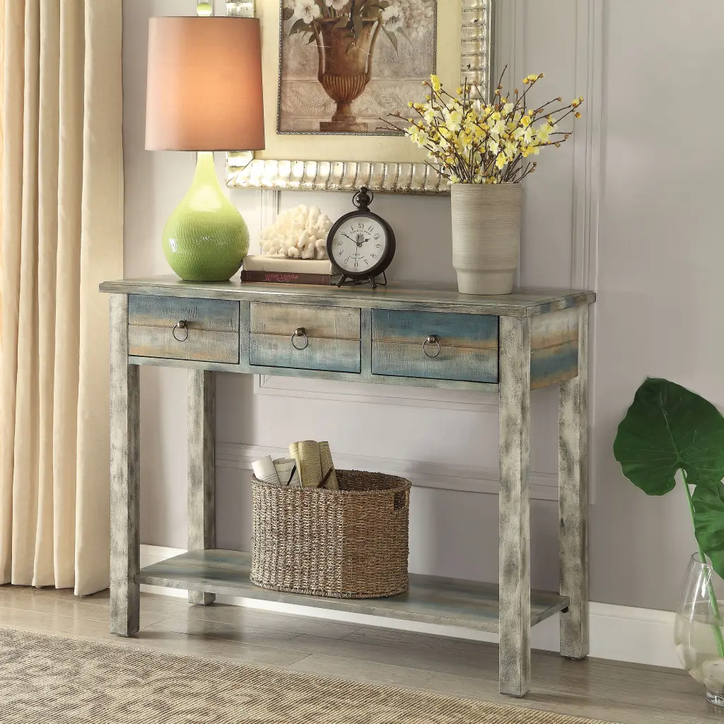 Antique Grey Teal 3 Drawer Console Table Living Room Entryway furniture max