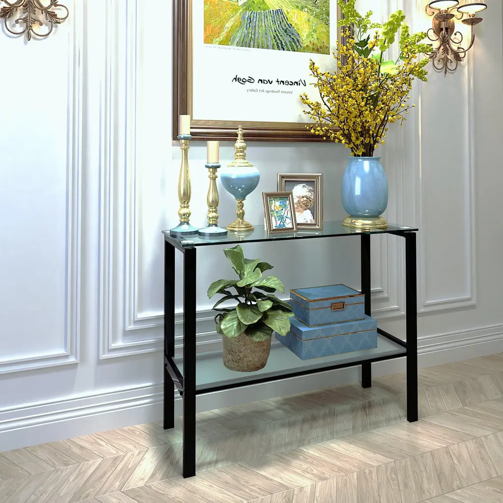 Console Table Double Layer Tempered Glass Rectangular Porch Table Black jws-w241
