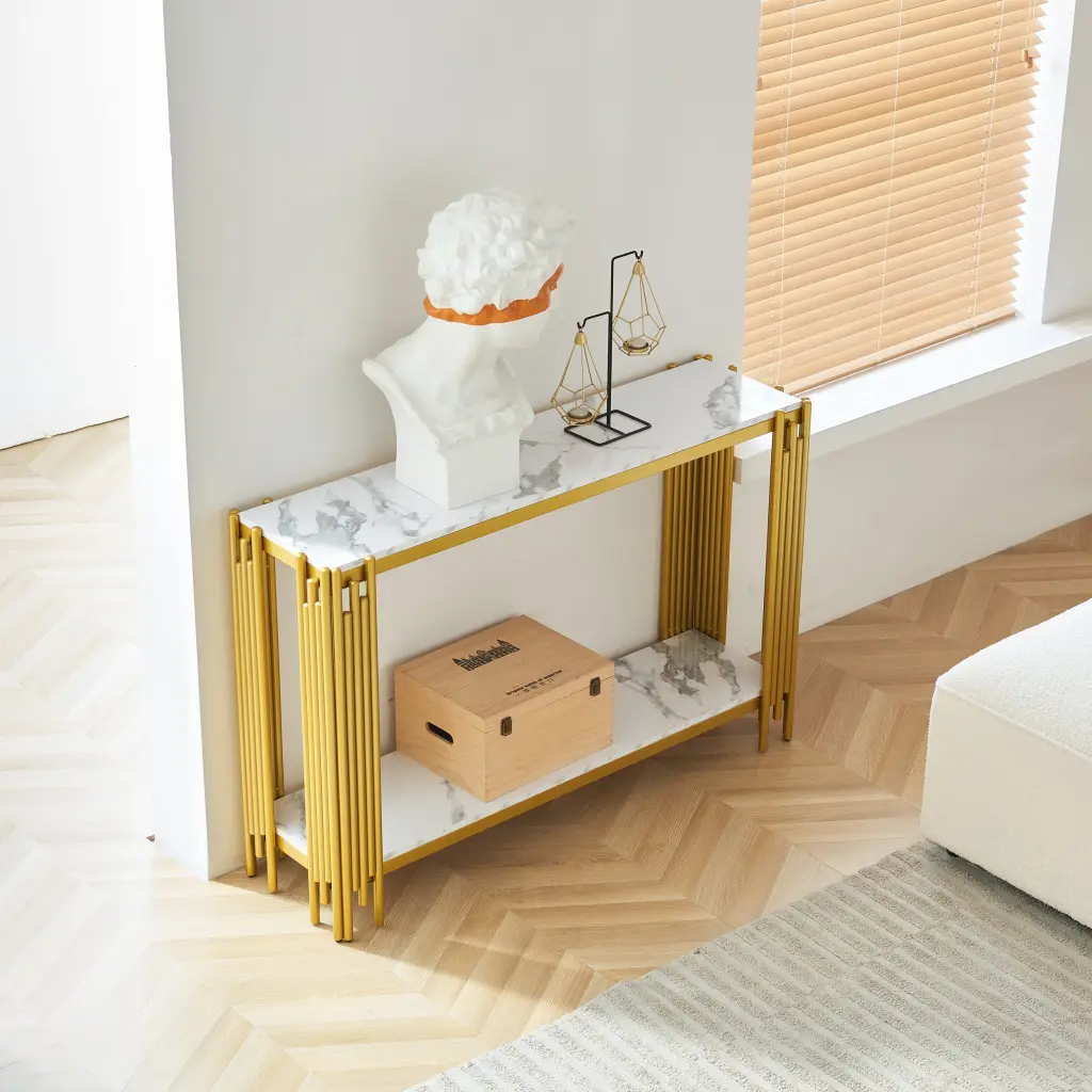 2 Tier Faux Marbling Console Table - Modern Narrow Sofa Table Living Room modasi