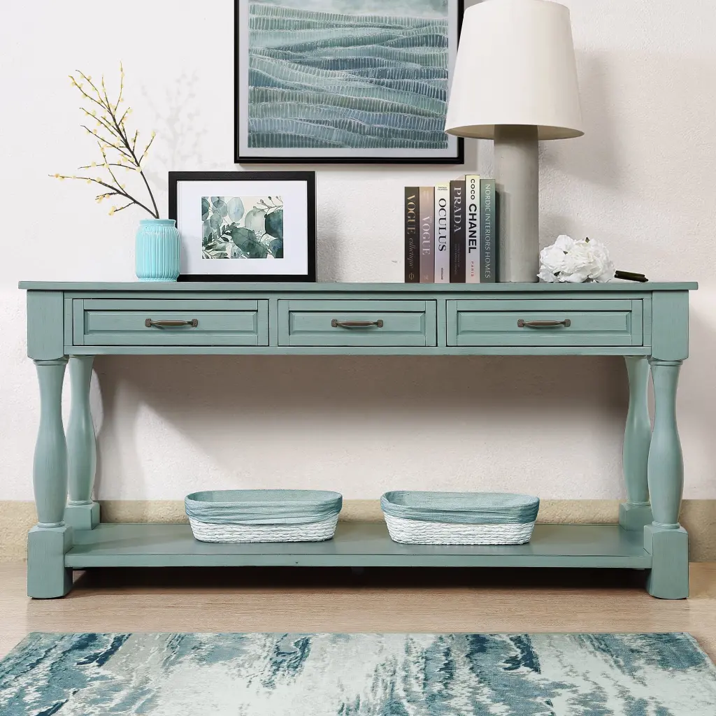 63 Inch Long Wood Console Table 3 Drawers Bottom Shelf power growth furniture