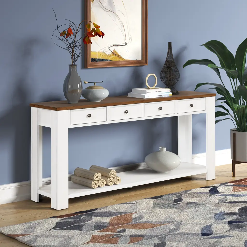 63 Inch Pine Wood Console Table 4 Drawers And 1 Bottom Shelf Entryway power growth furniture