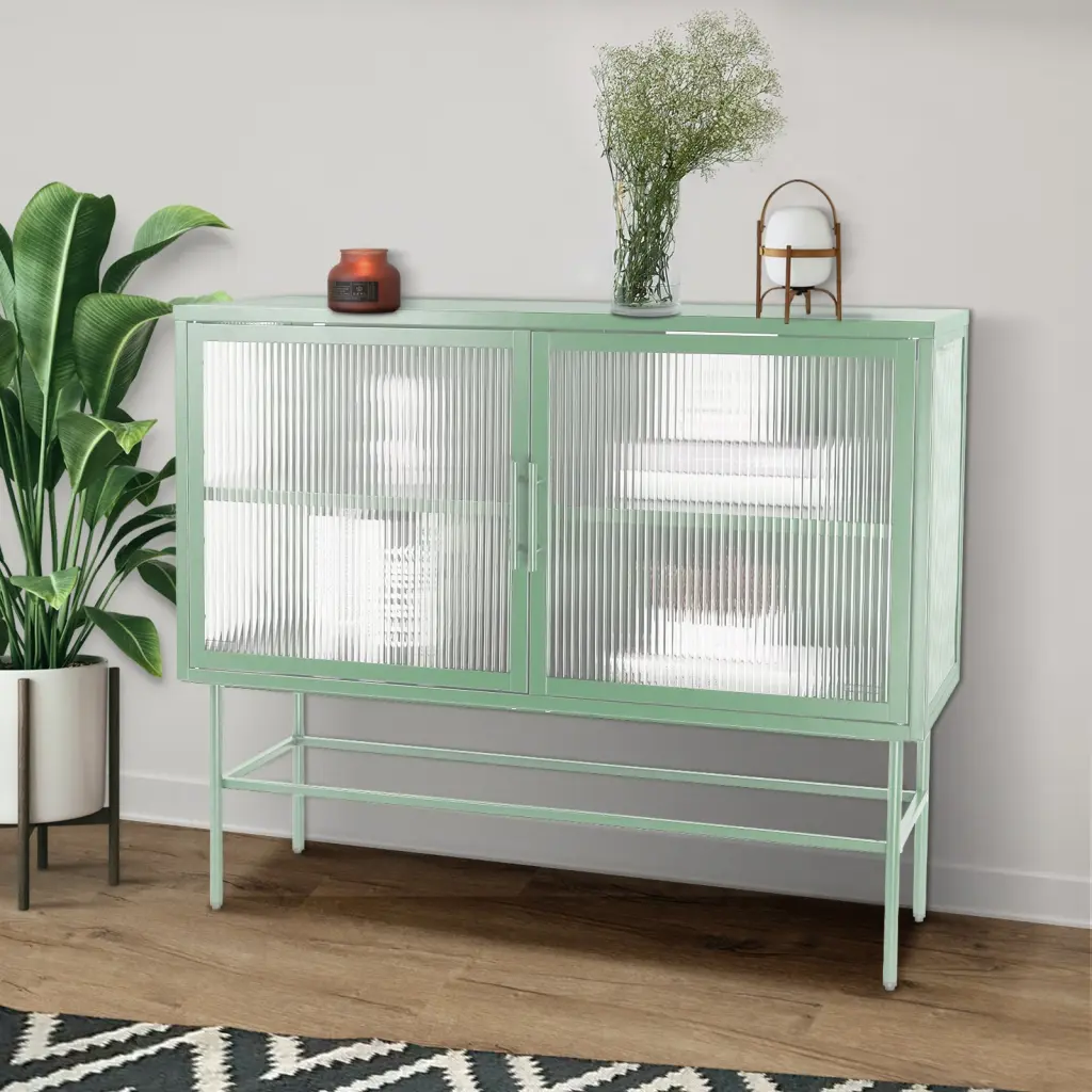 Double Door Tempered Glass Sideboard Console Table 2 Fluted Glass Doors rnb