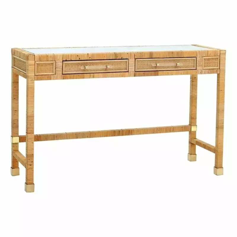 Pemberly Row Contemporary Rattan Glass Top Desk Natural Finish Elegant