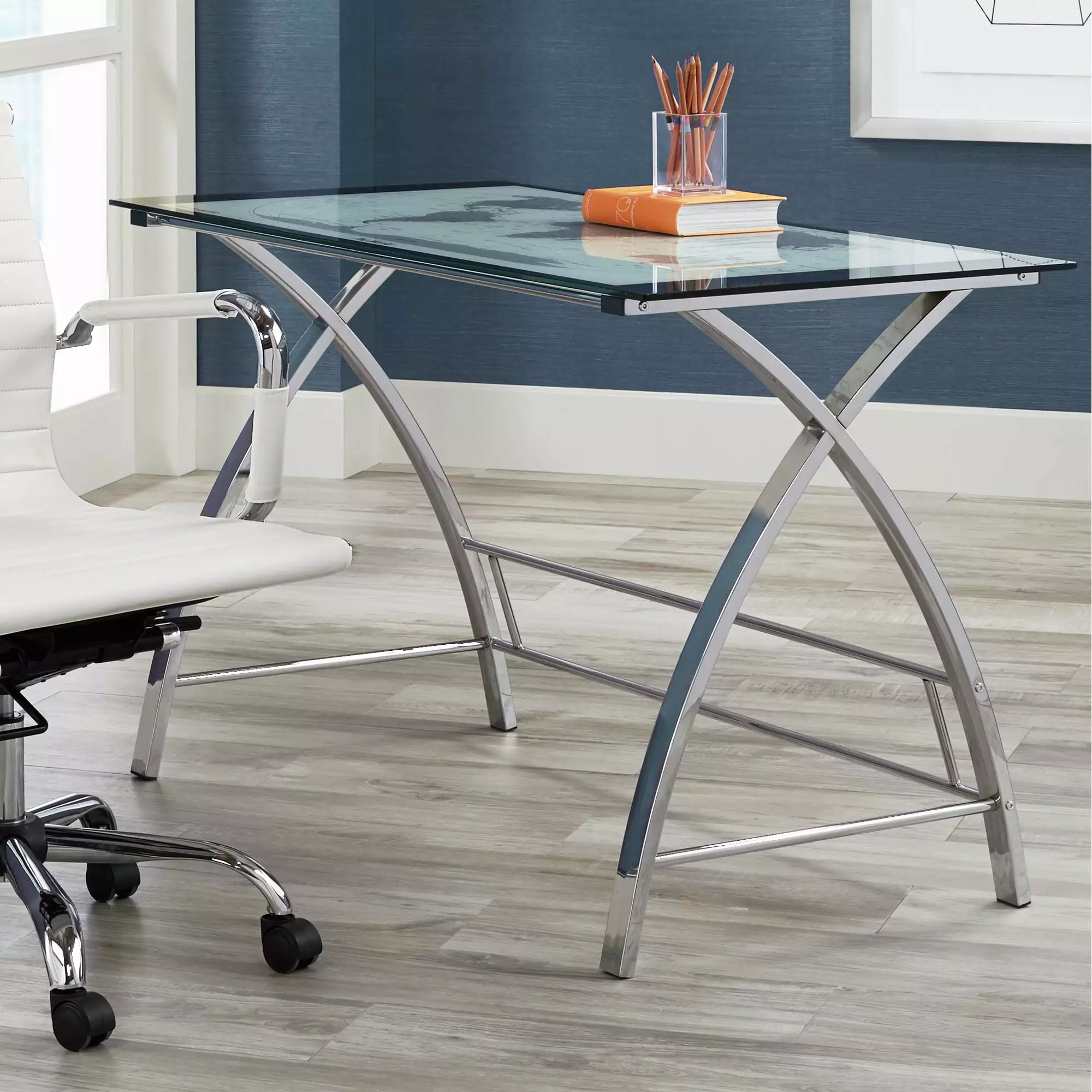Studio 55D World Map Modern Chrome Metal Rectangular Office Desk 47.25x23.5 Silver Glass Tabletop
