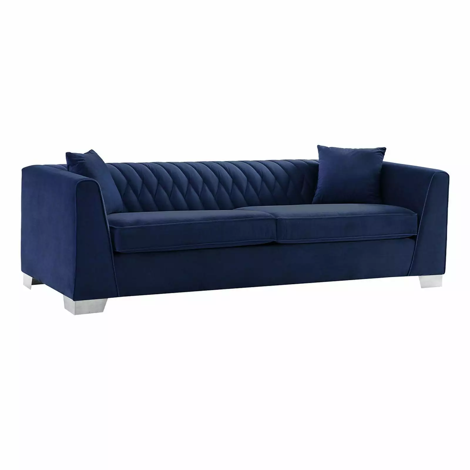 Maklaine Contemporary Sofa Brushed Stainless Steel Blue Velvet Modern Luxury Couch