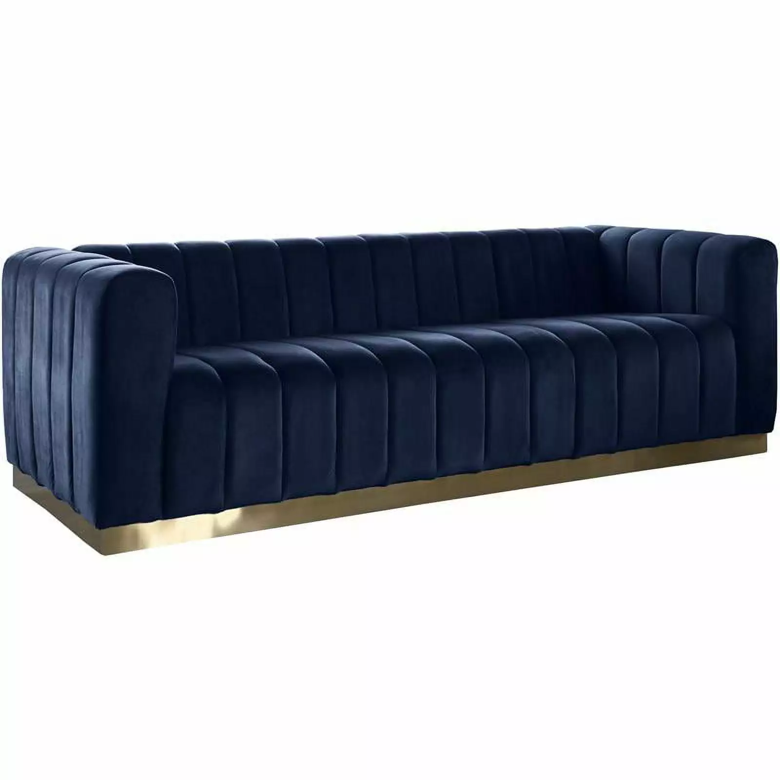 Pemberly Row Contemporary Velvet Stainless Steel Sofa Navy Brushed Gold Modern Living Room Couch