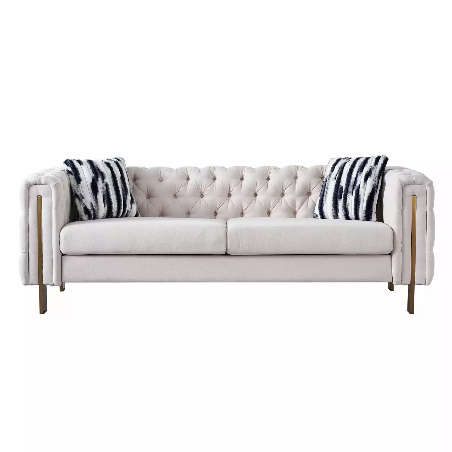 Beige Linen Modern Living Room Sofa Square Arms Tufted Design Gold Metal Legs Ponnky