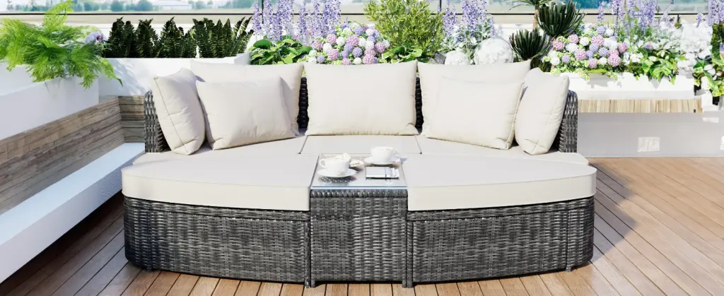 6 Piece Patio Outdoor Conversation Round Sofa Set, PE Wicker Rattan Seating rnb