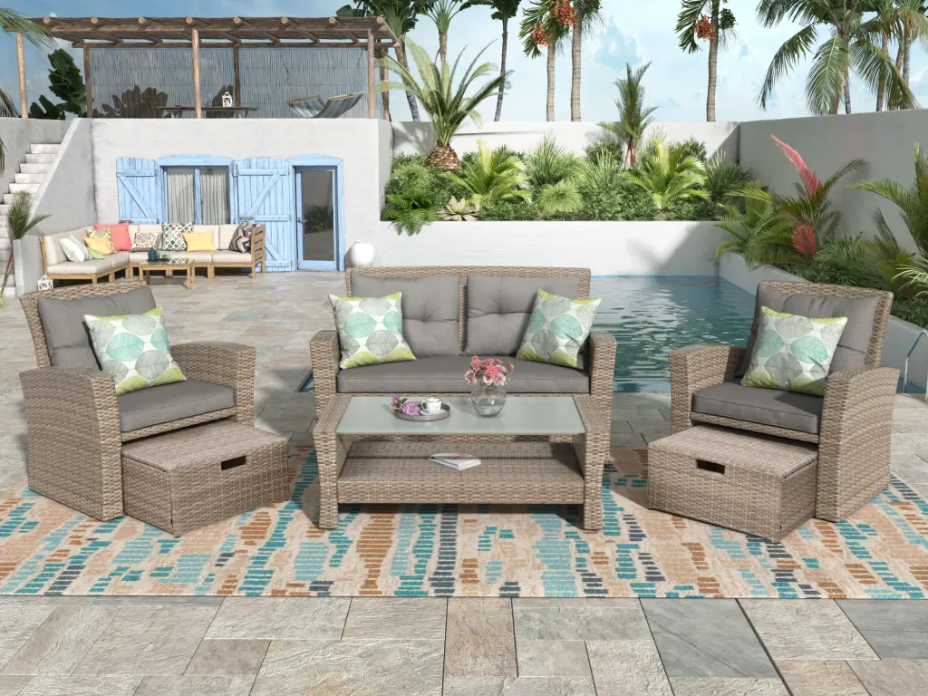 4 Piece Outdoor Patio Furniture Set All Weather Wicker Conversation Set u_style