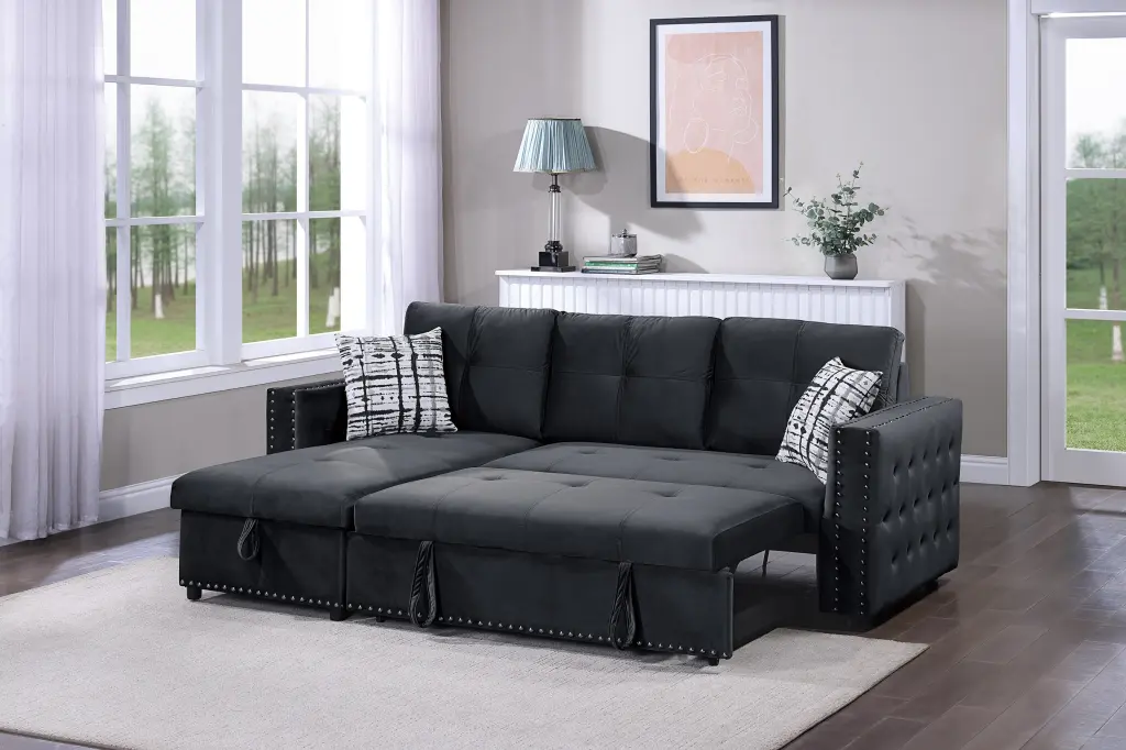 Black Velvet Convertible Sectional Sofa Pull Out Bed Couch Storage Chaise kanepe