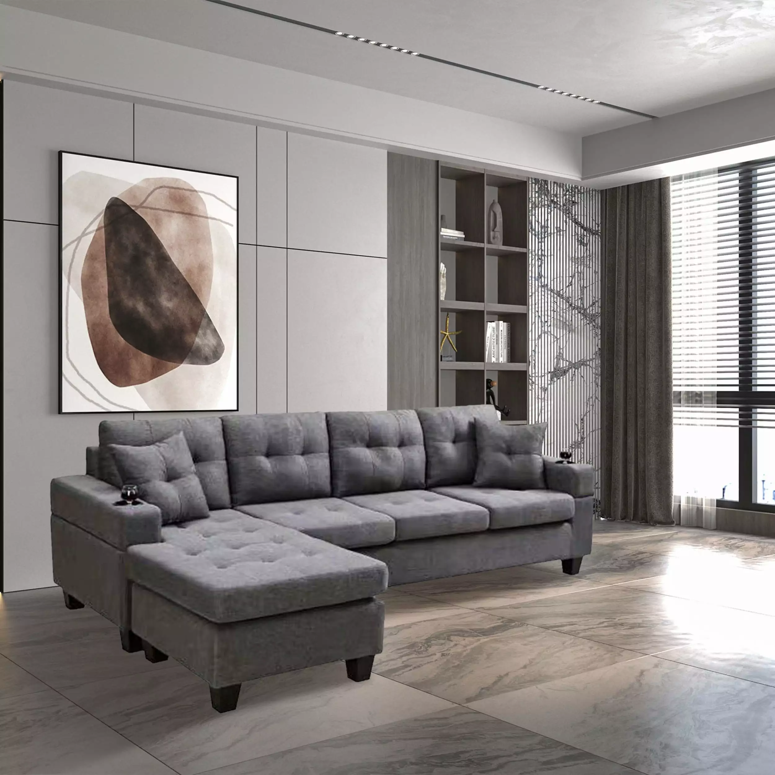Right Facing Convertible Sectional Sofa Storage Armrest and Gray Chaise Miekor