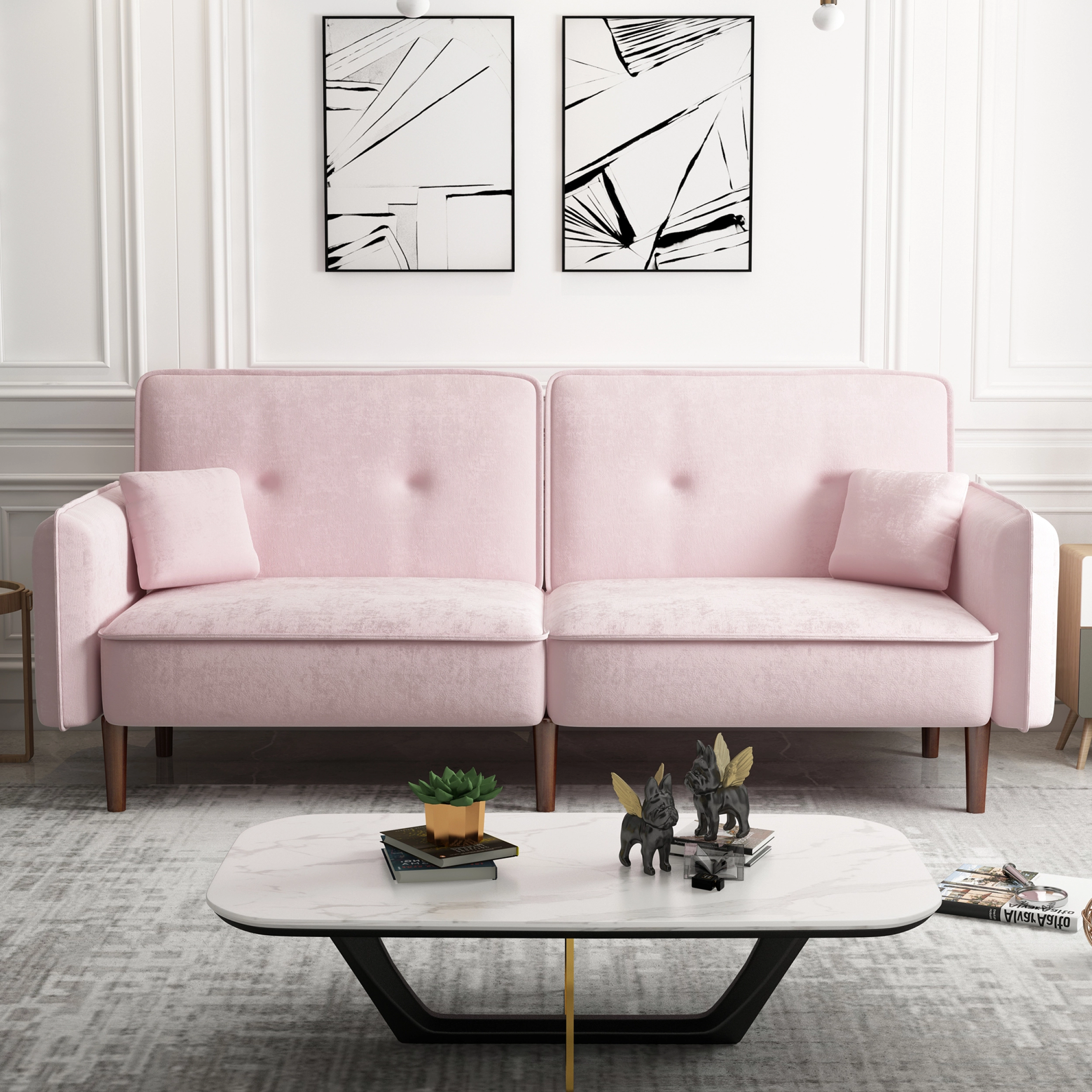 Convertible Sofa Bed Wood Legs Velvet Pink Living Room or Guest Room Miekor