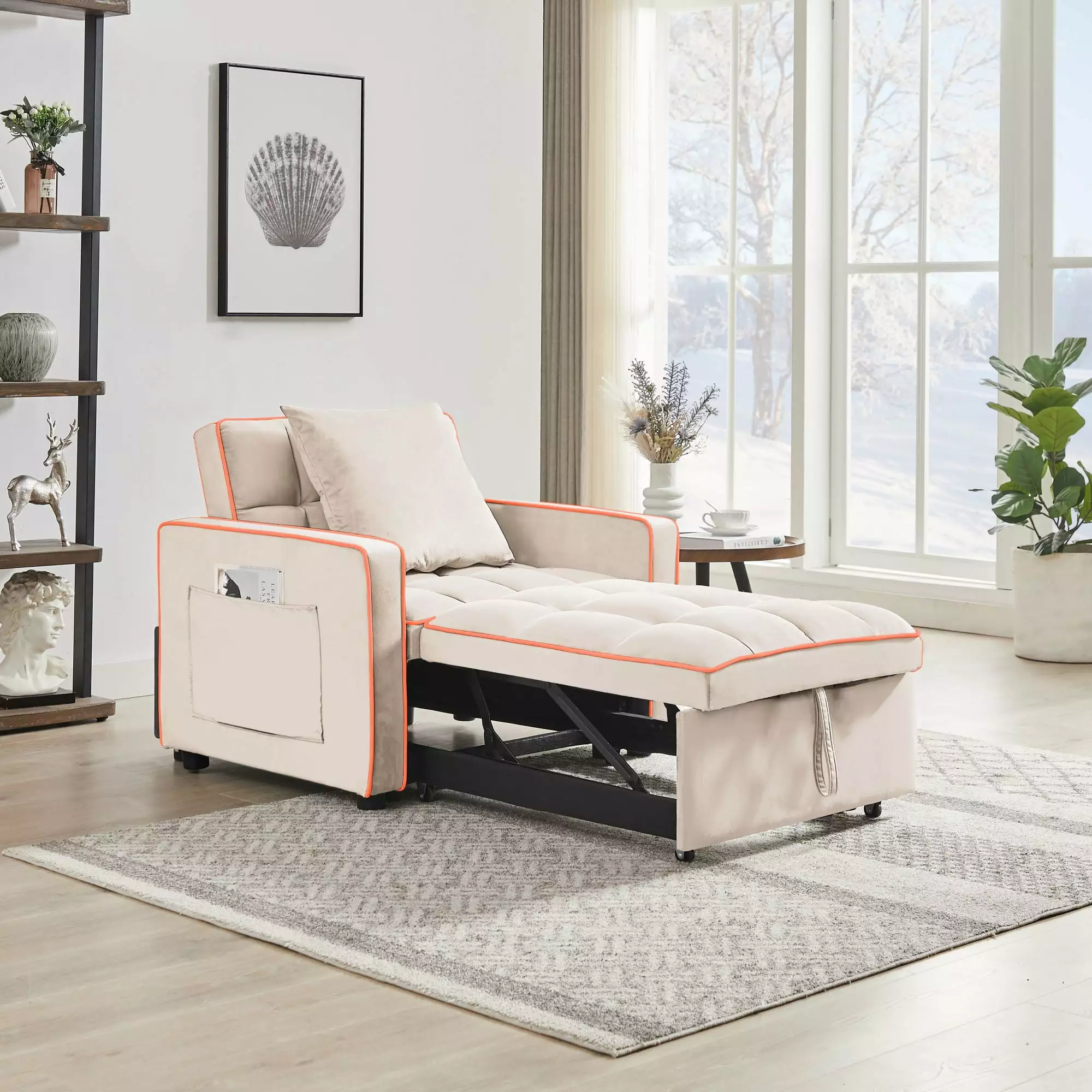 Three--One Adjustable Sofa Bed Chair - Convertible Recliner to Single Bed Creamy White Jamini