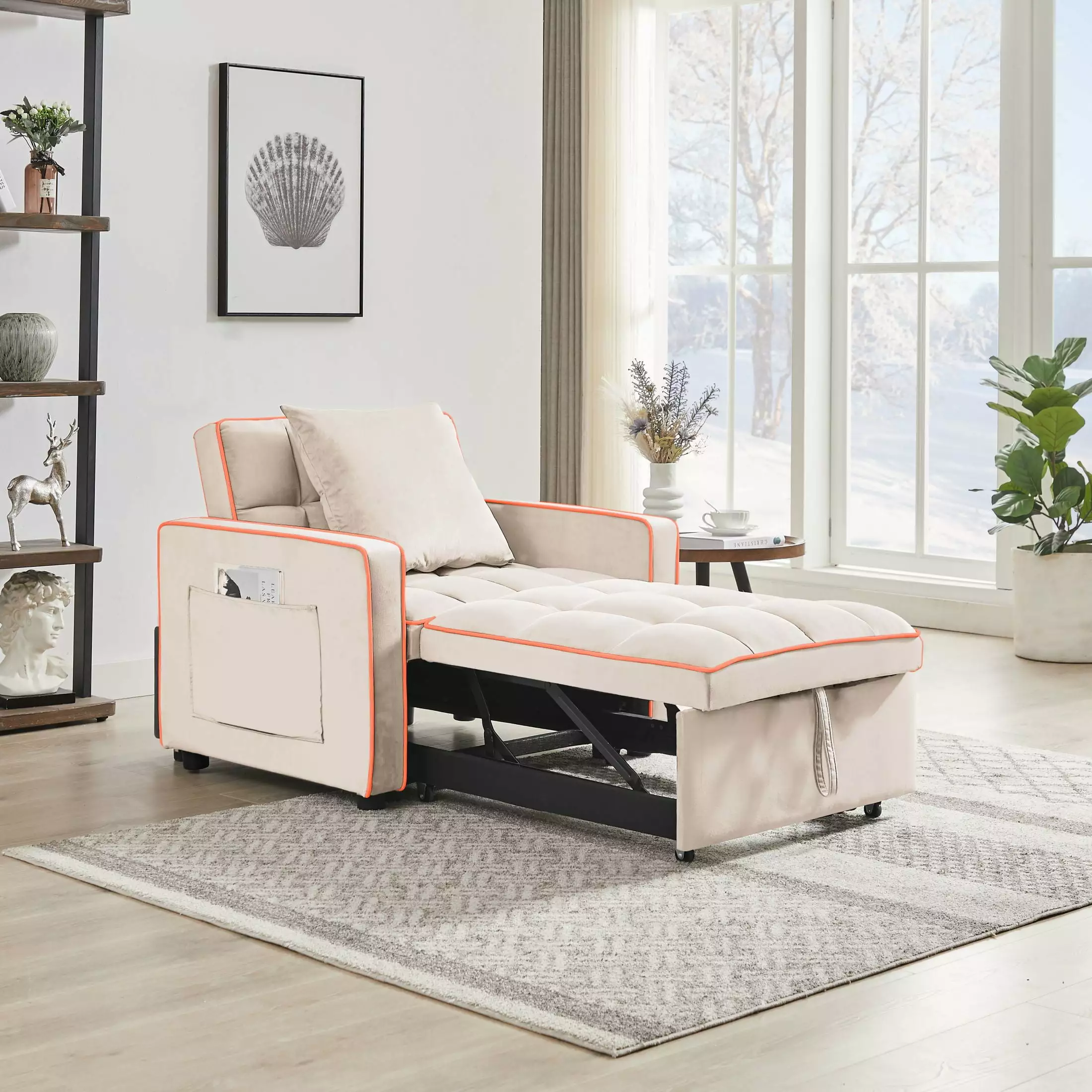 3 1 Folding Sofa Bed Adjustable Back Recliner to Single Bed Creamy White Modern Chair CNCJ
