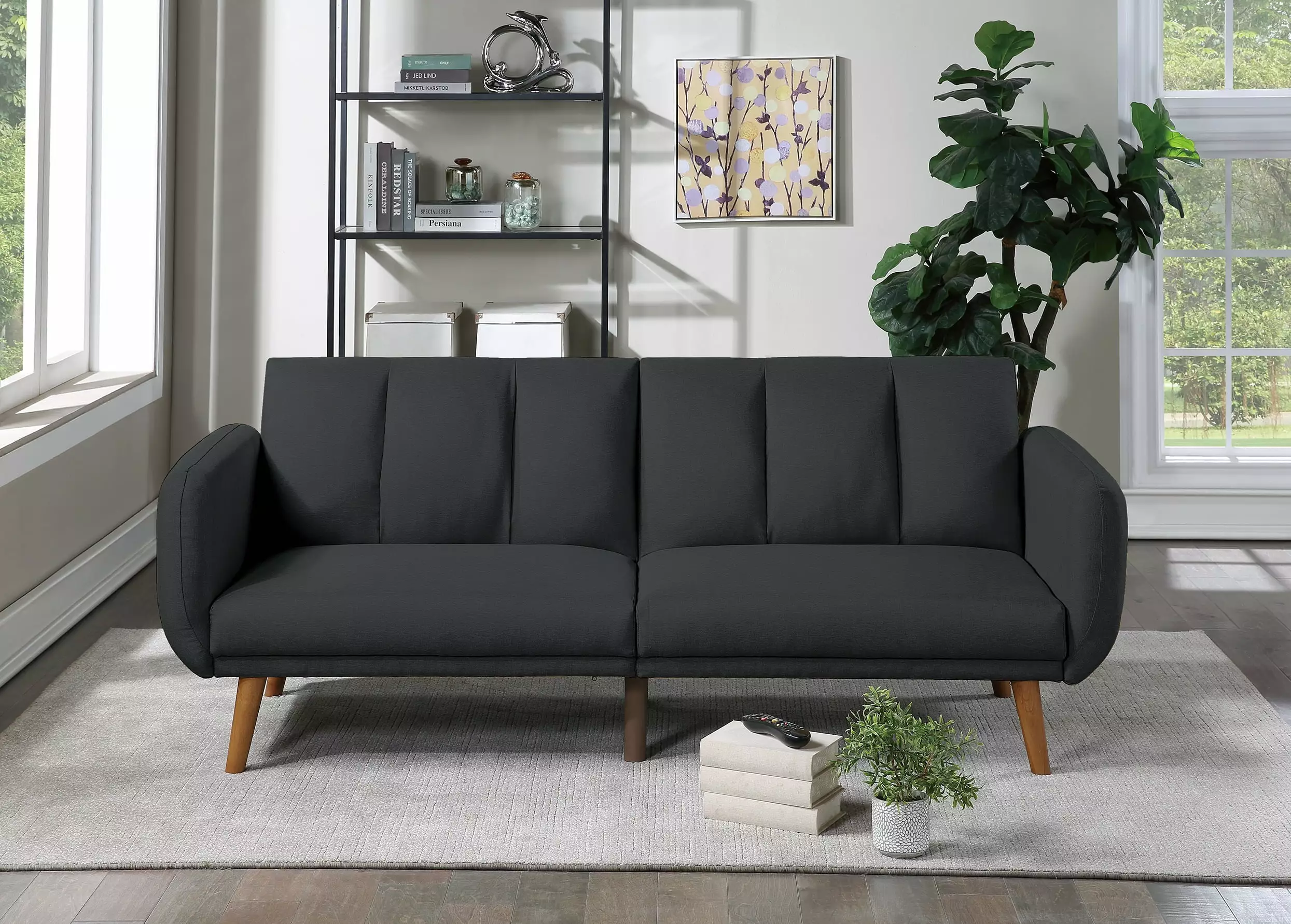 CoSoTower Elegant Modern Sofa Black Polyfiber 1Pc Sofa Convertible Bed Wooden Legs Living Room Lounge Guest Furniture