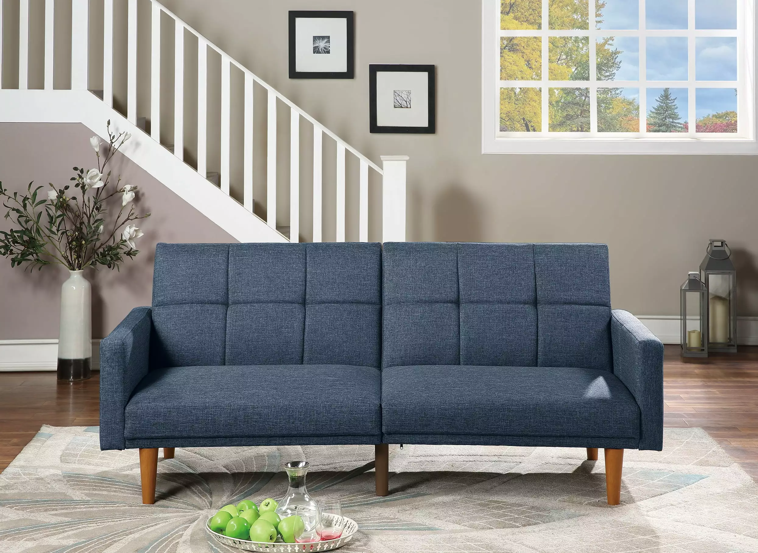 Homiyad Transitional Look Living Room Sofa Couch Convertible Bed Navy Polyfiber 1Pc Tufted Sofa Cushion Wooden Legs