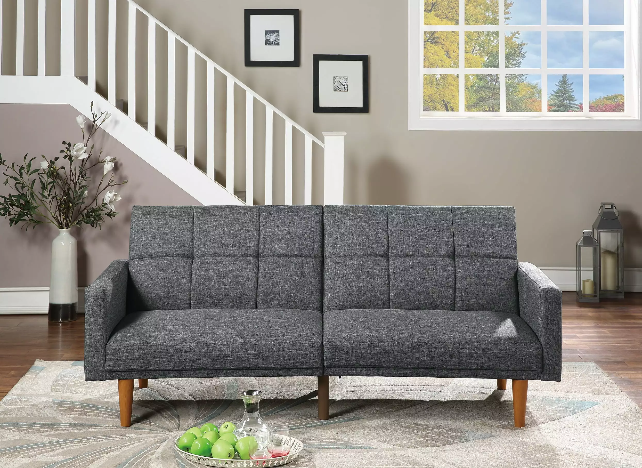 Homiyad Transitional Look Living Room Sofa Couch Convertible Bed Blue Grey Polyfiber 1pc Tufted Sofa Cushion Wooden Legs