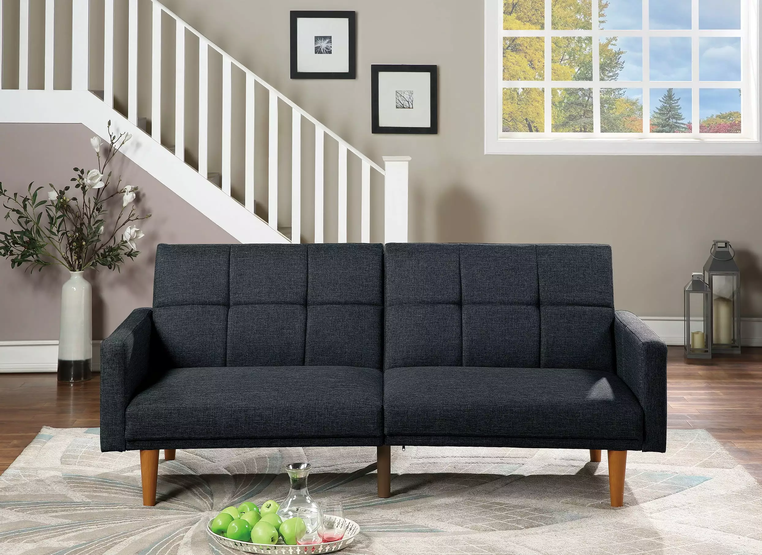 Homiyad Transitional Look Living Room Sofa Couch Convertible Bed Black Polyfiber 1pc Tufted Sofa Cushion Wooden Legs