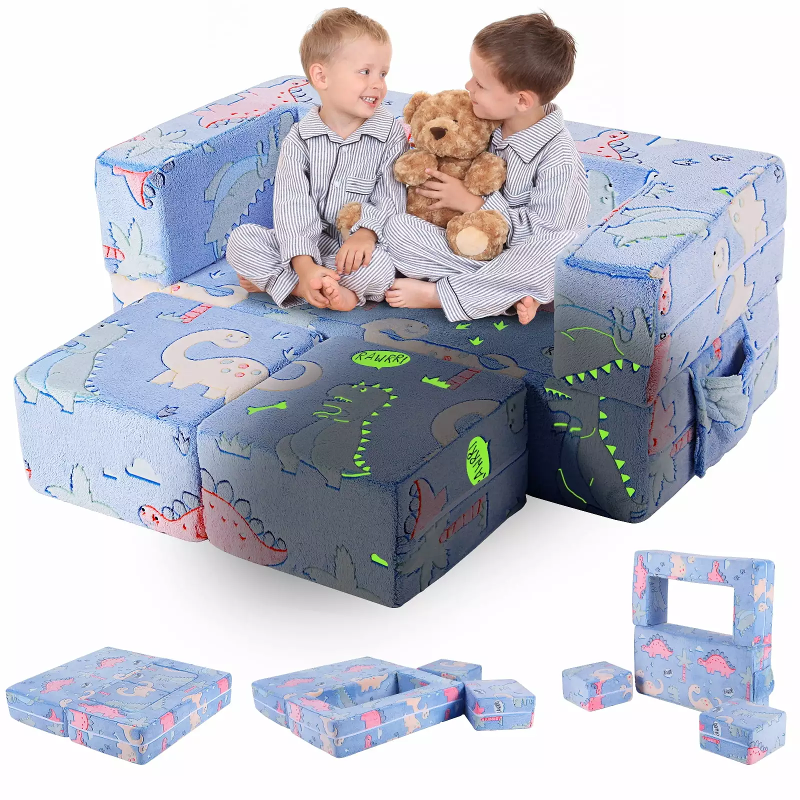 Pirecart Kids Couch Sofa Convertible Modular Toddler Couch Dinosaur Glow Dark Washable Cover
