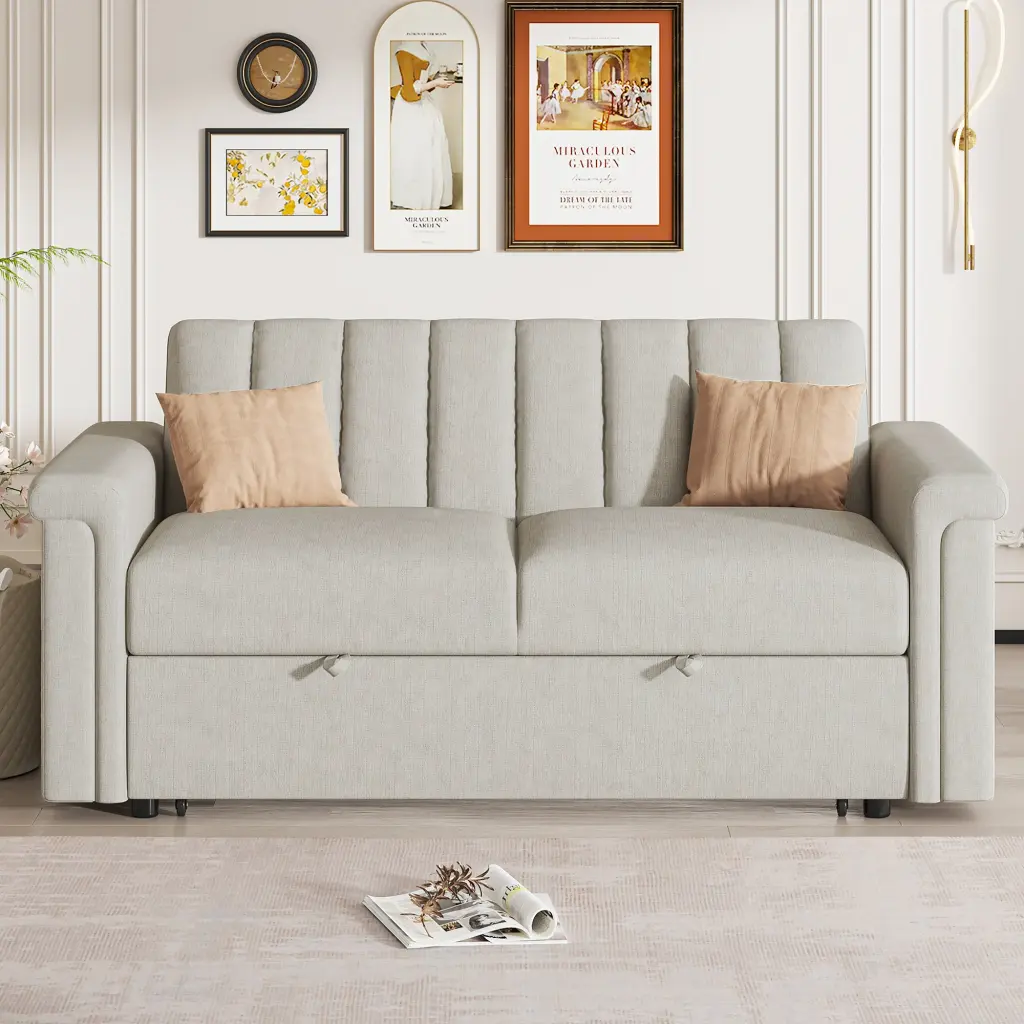 Convertible Soft Cushion Sofa Pull Bed Two People Beige u_style
