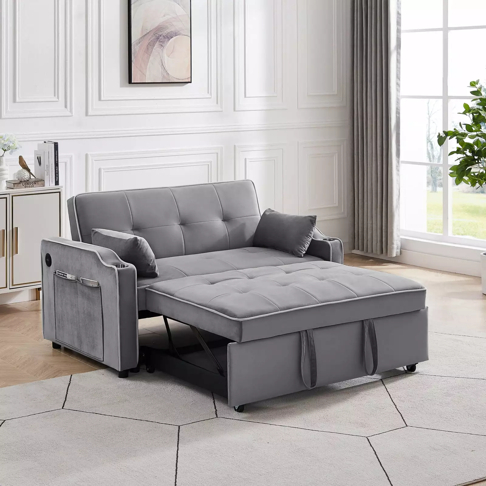 Miekor Furniture 3 1 Convertible Sofa Chair Bed Adjustable Backrest Chaise Lounge USB Ports Gray