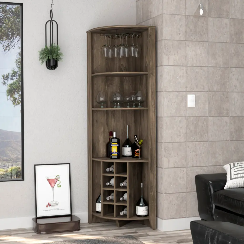 Morgana 8 Bottle 5 Shelf Corner Bar Cabinet Dark Brown Home Bar furniture max