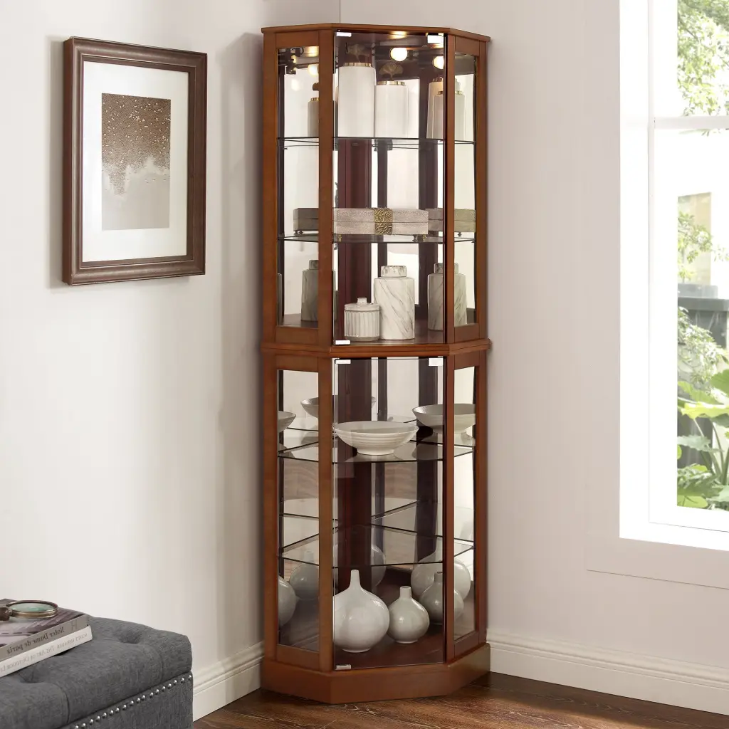 6 Shelf Corner Curio Cabinet Lights Mirrors and Adjustable Shelves harmony