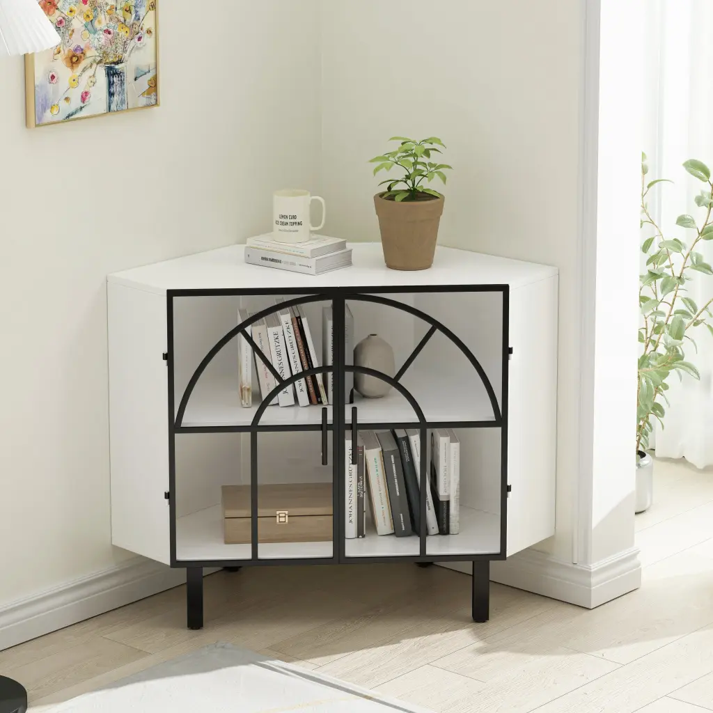 37.4-Inch Glass Two-Door Hexagonal Corner Cabinet Living Room or Dining Room rnb