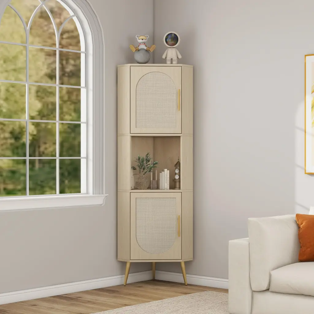 Freestanding Rattan Door Corner Cabinet Small Space Storage rnb
