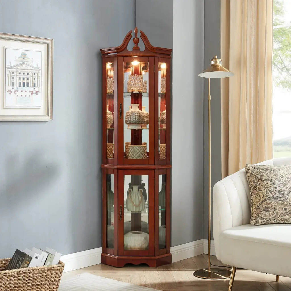 Walnut Corner Curio Cabinet Lights Adjustable Tempered Glass Shelves harmony