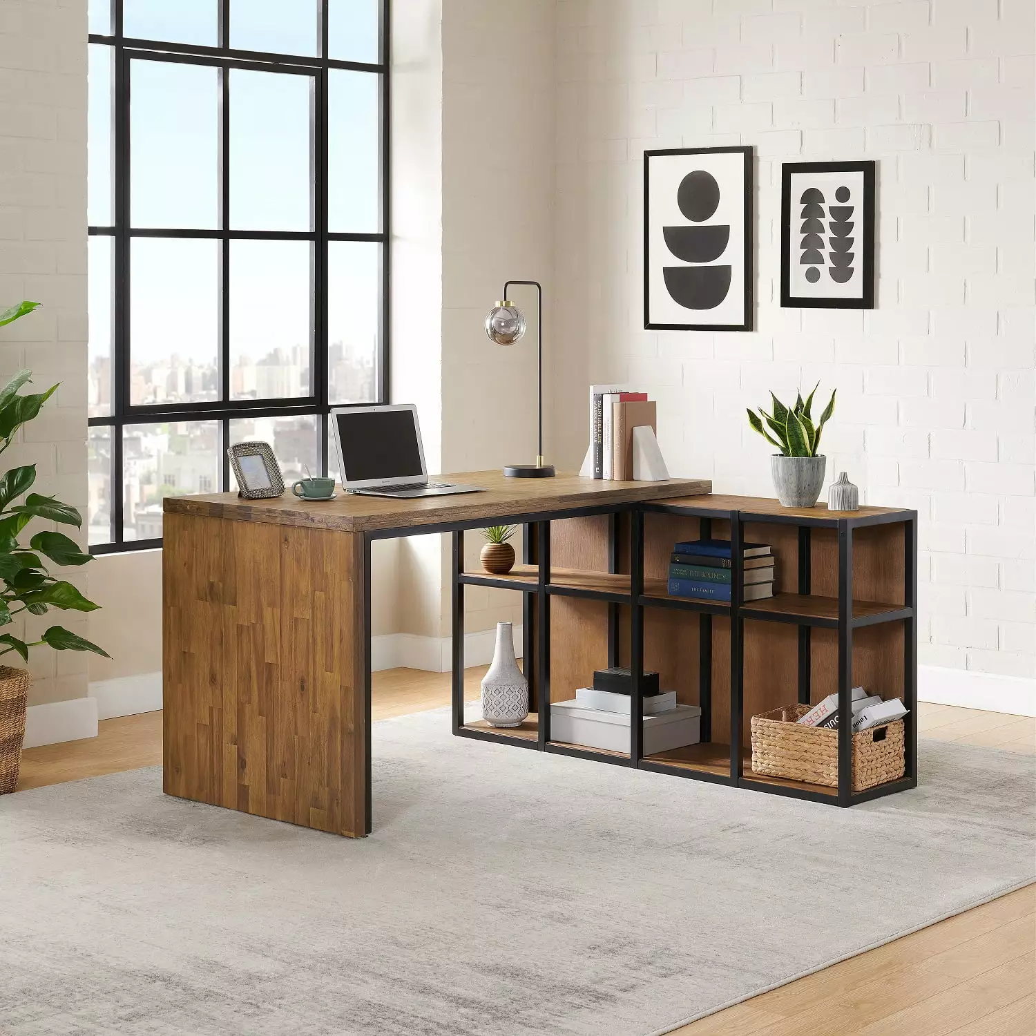 Alaterre Furniture Lloyd Acacia Wood 55W Corner Desk Storage Credenza Natural