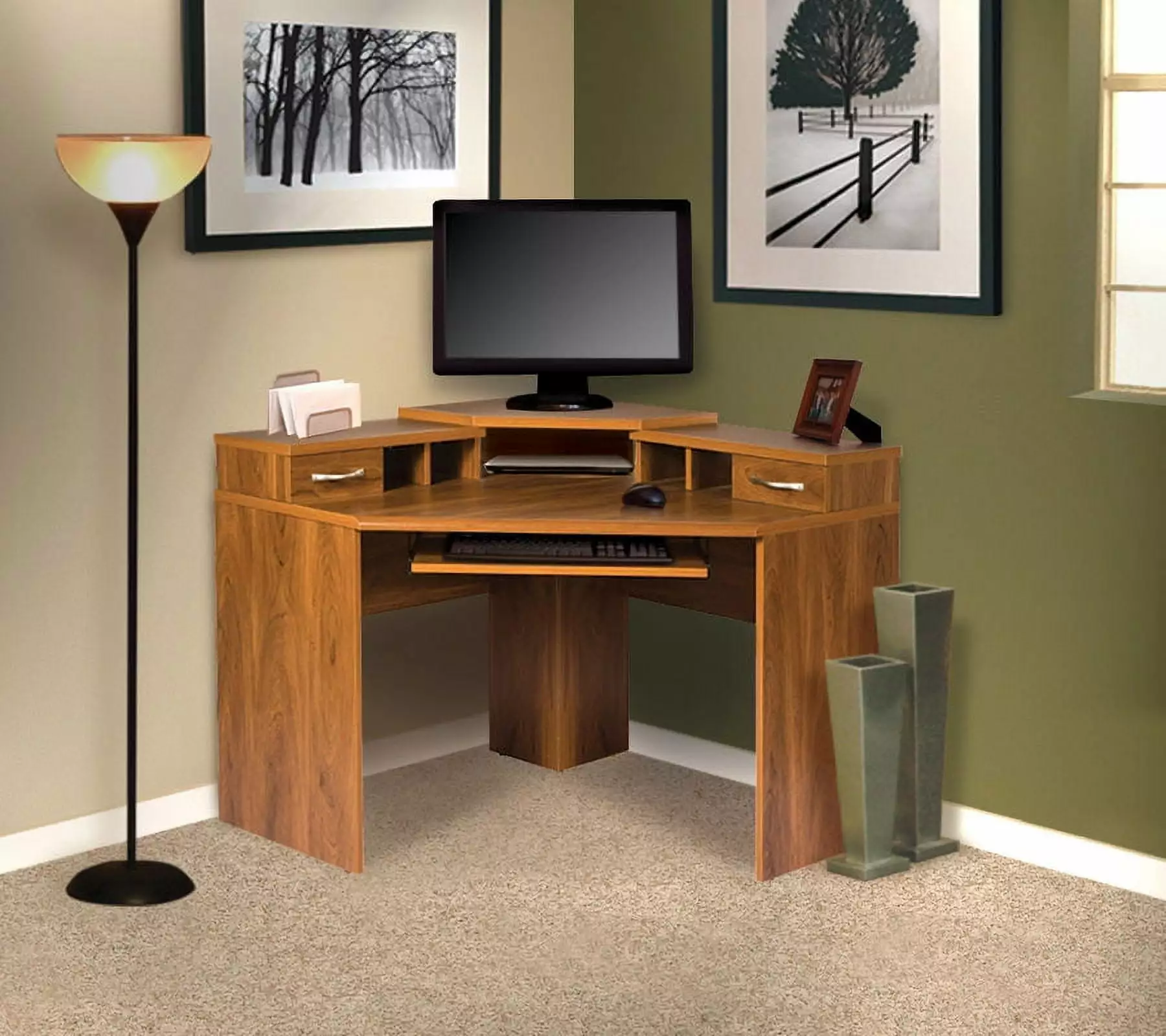 Corner Computer Desk Monitor Platform Home Office American Furniture Classics